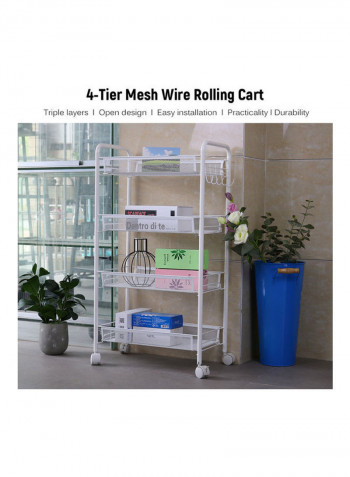 4-Tier Mesh Wire Rolling Multifunction Utility Cart Trolley With Hook White 81*15*29cm