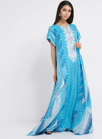 Damask Collage Inspired Printed Jalabiya With Sequins Accents Turquoise