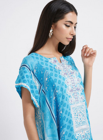 Damask Collage Inspired Printed Jalabiya With Sequins Accents Turquoise