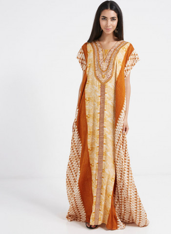 Geometric Print Polka Dot Design Inspired Jalabiya Yellow/White