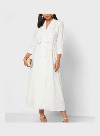 Double Breasted Belted  Dress White