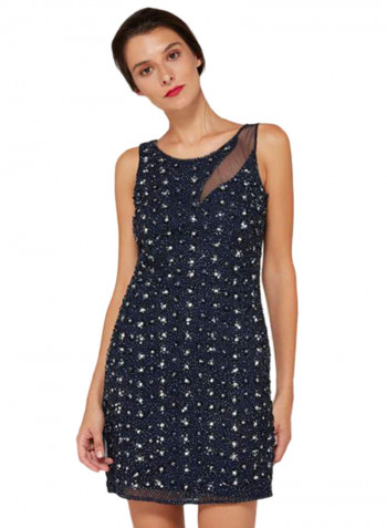 Floral Sequin Embellished Dress Blue