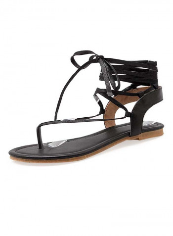 Leather Lace-Up Closure  Flat Sandals Black