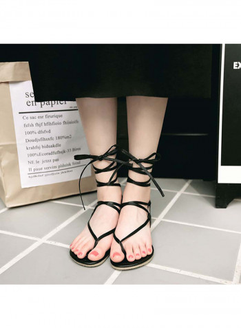 Leather Lace-Up Closure  Flat Sandals Black