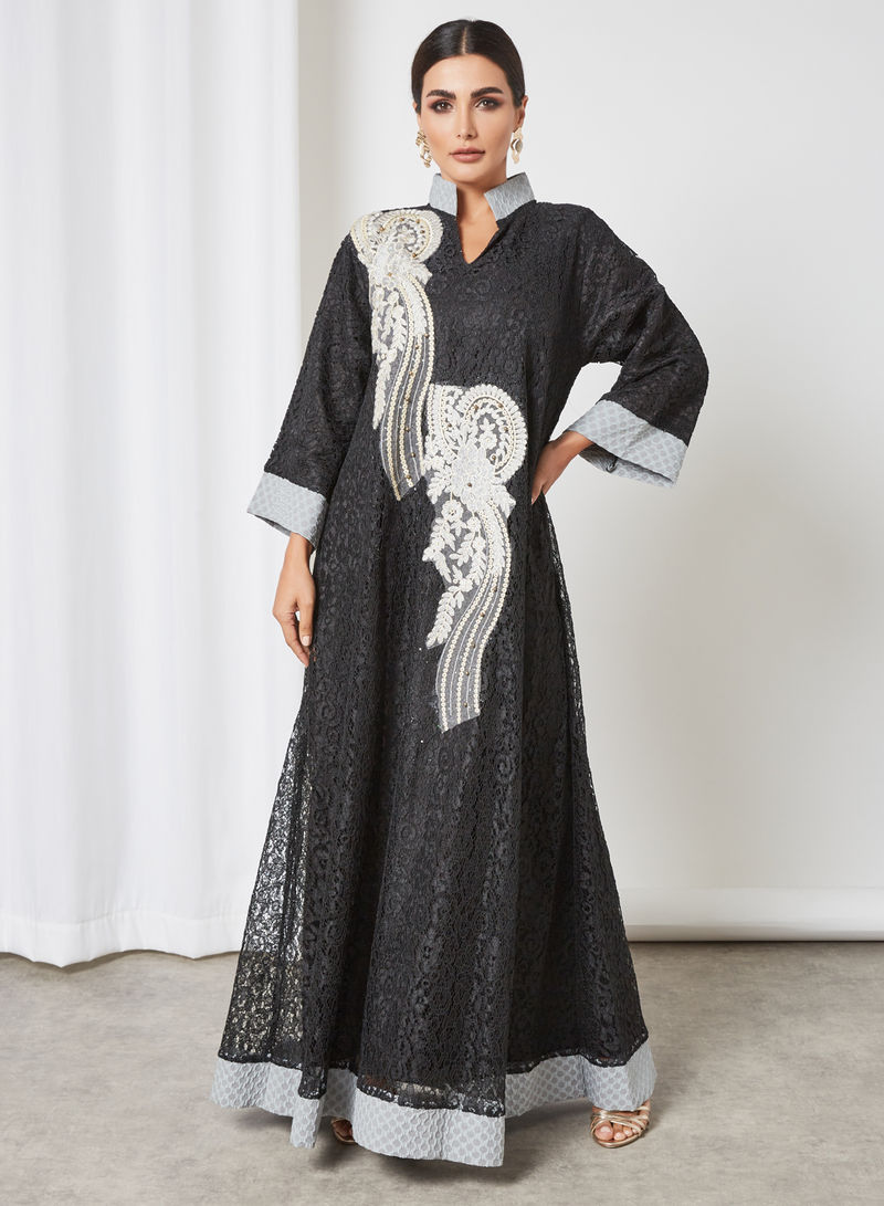 Lace Designed Jalabiya Grey/Black