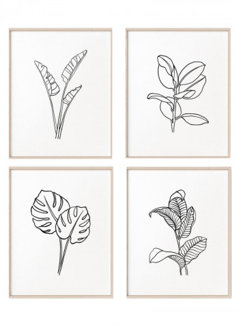 4-Piece Line Art Monstera Leaf Print Poster With Frame Set Black/White 21 x 30centimeter