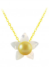 18 Karat Solid Yellow Gold 10 mm Mother Of Pearl Flower Shape With 4 mm Pearl Pendant Necklace