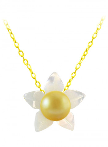 18 Karat Solid Yellow Gold 10 mm Mother Of Pearl Flower Shape With 4 mm Pearl Pendant Necklace