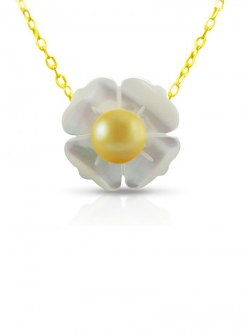 18 Karat Solid Yellow Gold 13 mm Mother Of Pearl Flower Shape With 4 mm Pearl Pendant Necklace