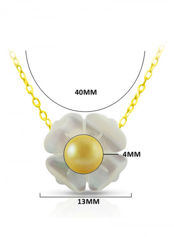 18 Karat Solid Yellow Gold 13 mm Mother Of Pearl Flower Shape With 4 mm Pearl Pendant Necklace