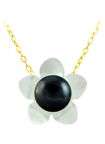 18 Karat Solid Yellow Gold 13 mm Mother Of Pearl Flower Shape With 7 mm Pearl Pendant Necklace