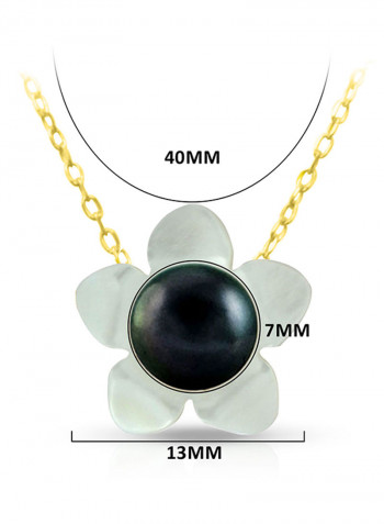 18 Karat Solid Yellow Gold 13 mm Mother Of Pearl Flower Shape With 7 mm Pearl Pendant Necklace