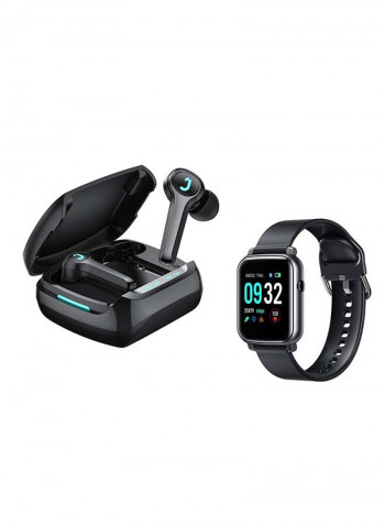 True Wireless Gaming Earbuds With SmartWatch WaterProof 20mm Silicone Strap Black
