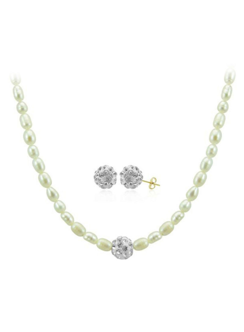 18 Karat Crystal Balls & Pearls Strand Necklace And Earrings Set