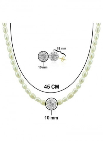 18 Karat Crystal Balls & Pearls Strand Necklace And Earrings Set