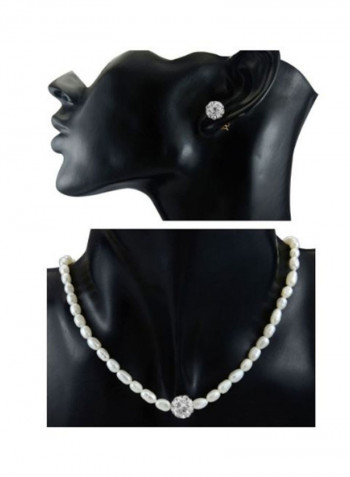 18 Karat Crystal Balls & Pearls Strand Necklace And Earrings Set