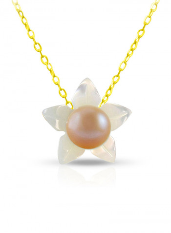 18 Karat Solid Yellow Gold 10 mm Mother Of Pearl Flower Shape With 4 mm Pearl Pendant Necklace