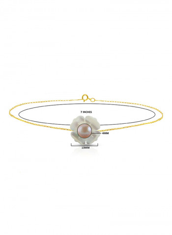 18 Karat Solid Yellow Gold 13 mm Mother Of Pearl Flower Shape With 4 mm Pearl Chain Bracelet