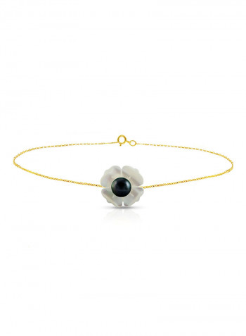18 Karat Solid Yellow Gold 13 mm Mother Of Pearl Flower Shape With 4 mm Pearl Chain Bracelet