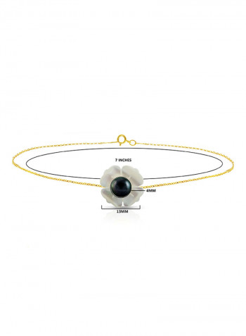 18 Karat Solid Yellow Gold 13 mm Mother Of Pearl Flower Shape With 4 mm Pearl Chain Bracelet