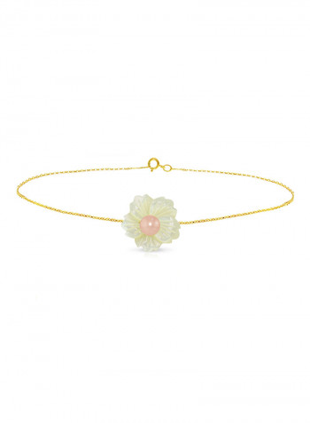 18 Karat Solid Yellow Gold 19 mm Flower Shape Mother Of Pearl With 6-7 mm Pearl Chain Bracelet