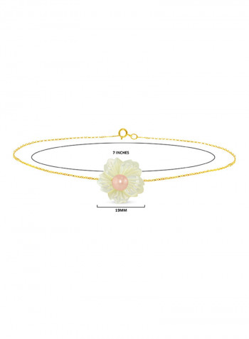 18 Karat Solid Yellow Gold 19 mm Flower Shape Mother Of Pearl With 6-7 mm Pearl Chain Bracelet