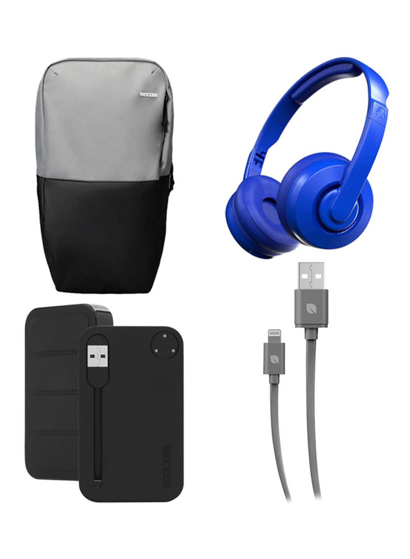 Back To School Bundle- Staple Backpack + Cassette Wireless On-Ear + Powerbank + Apple Charging Cable Blue/Black/Grey