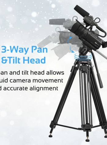 Video Tripod, Professional 170cm Heavy Duty Aluminium Video Tripod with Mid-Level Spreader, 3 Way Pan Head, 10Kg Load Capacity for Canon, Nikon, Pro DV Video Cameras Black Black