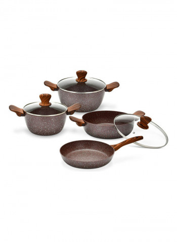 7-Piece Cookware Set Royal Chocolate Brown/Clear Casserole With Glass Lid 20x10.5 cm, Casserole With Glass Lid 24x11.5 cm, Shallow Pot With Glass Lid 26x7.7 cm, Frying Pan 26x5.2cm