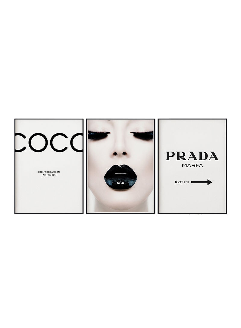 Set Of 3 Coco Chanel PRADA Girl Lips Framed Fashion Posters Black/White 50x40centimeter