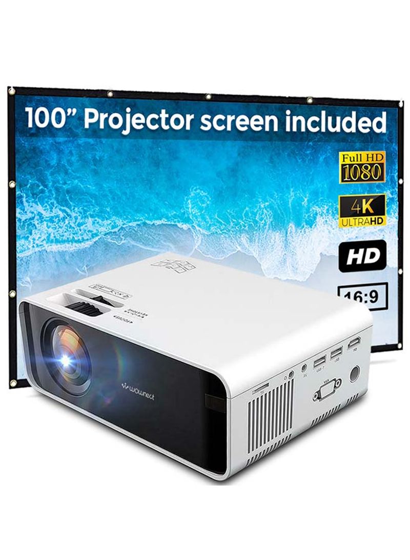Mini LED Projector HD 1500 Lumens Miracast and with 100-Inch Projector Screen PROJ-WO-02-W_SCR-03 White
