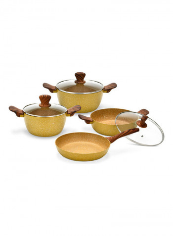 7-Piece Cookware Set Royal Mustard Yellow/Clear Casserole With Glass Lid 20x10.5 cm, Casserole With Glass Lid 24x11.5 cm, Shallow Pot With Glass Lid 26x7.7 cm, Frying Pan 26x5.2cm