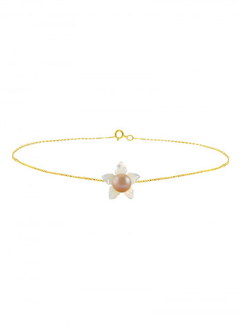 18 Karat Solid Yellow Gold 10 mm Mother Of Pearl Flower Shape With 4 mm Pearl Chain Bracelet