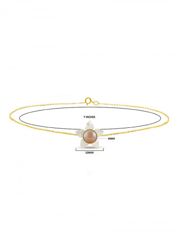18 Karat Solid Yellow Gold 10 mm Mother Of Pearl Flower Shape With 4 mm Pearl Chain Bracelet