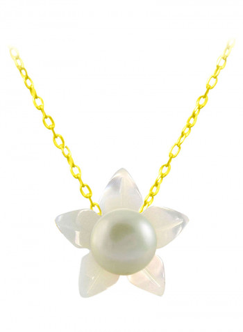 18 Karat Solid Yellow Gold 10 mm Mother Of Pearl Flower Shape With 4 mm Pearl Pendant Necklace