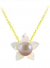 18 Karat Solid Yellow Gold 10 mm Mother Of Pearl Flower Shape With 4 mm Pearl Pendant Necklace