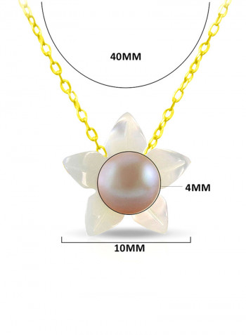 18 Karat Solid Yellow Gold 10 mm Mother Of Pearl Flower Shape With 4 mm Pearl Pendant Necklace