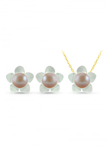 18 Karat Solid Yellow Gold 13 mm Mother Of Pearl Flower Shape With 7 mm Pearl Jewellery Set