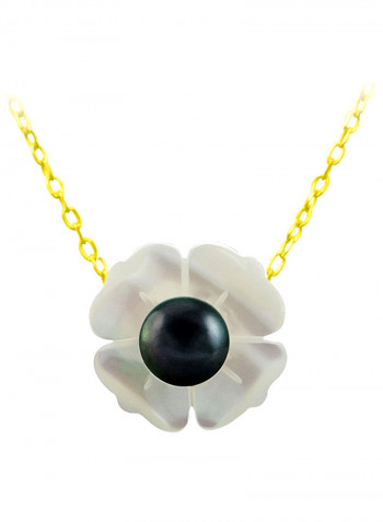 18 Karat Solid Yellow Gold 13 mm Mother Of Pearl Flower Shape With 4 mm Pearl Pendant Necklace