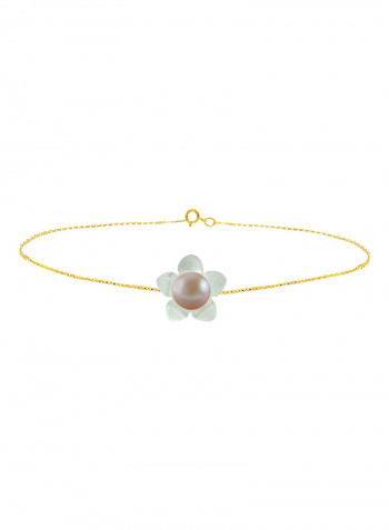 18 Karat Solid Yellow Gold 13 mm Mother Of Pearl Flower Shape With 7 mm Pearl Chain Bracelet