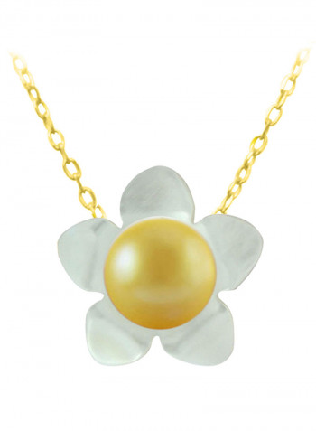 18 Karat Solid Yellow Gold 13 mm Mother Of Pearl Flower Shape With 7 mm Pearl Pendant Necklace