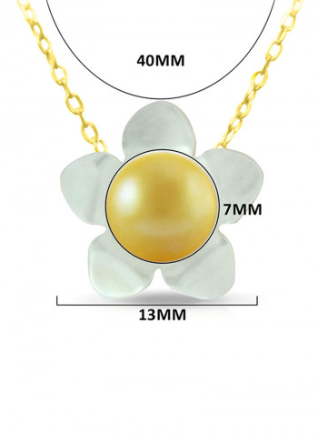 18 Karat Solid Yellow Gold 13 mm Mother Of Pearl Flower Shape With 7 mm Pearl Pendant Necklace