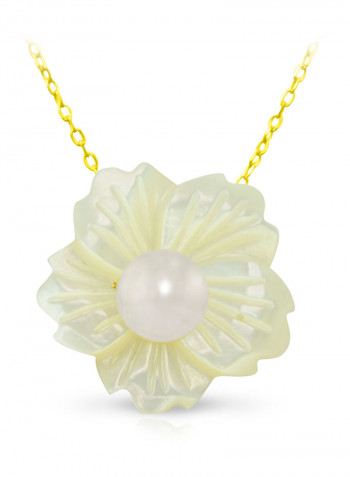 18 Karat Solid Yellow Gold 19 mm Flower Shape Mother Of Pearl With 6-7 mm Pearl Pendant Necklace