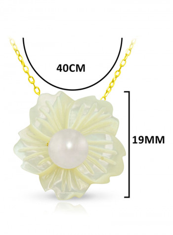 18 Karat Solid Yellow Gold 19 mm Flower Shape Mother Of Pearl With 6-7 mm Pearl Pendant Necklace
