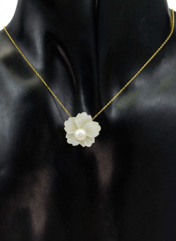 18 Karat Solid Yellow Gold 19 mm Flower Shape Mother Of Pearl With 6-7 mm Pearl Pendant Necklace