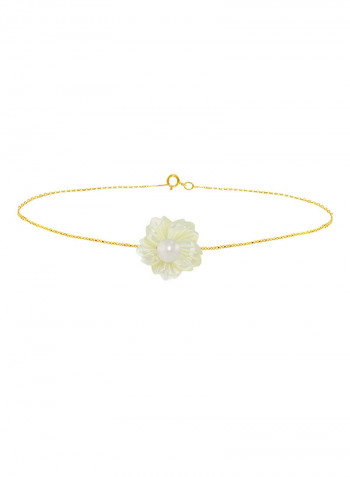 18 Karat Solid Yellow Gold 19 mm Flower Shape Mother Of Pearl With 6-7 mm Pearl Chain Bracelet