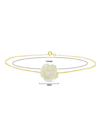 18 Karat Solid Yellow Gold 19 mm Flower Shape Mother Of Pearl With 6-7 mm Pearl Chain Bracelet