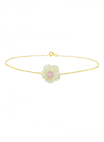 18 Karat Solid Yellow Gold 19 mm Flower Shape Mother Of Pearl With 6-7 mm Pearl Chain Bracelet