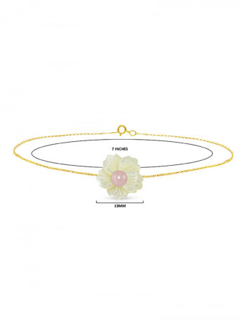 18 Karat Solid Yellow Gold 19 mm Flower Shape Mother Of Pearl With 6-7 mm Pearl Chain Bracelet