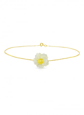 18 Karat Solid Yellow Gold 19 mm Flower Shape Mother Of Pearl With 6-7 mm Pearl Chain Bracelet